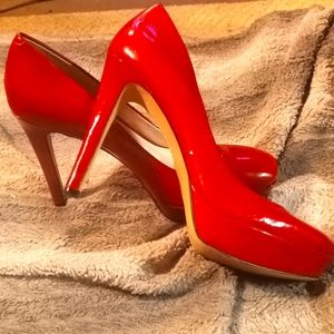 Vince Camuto red patent pumps
